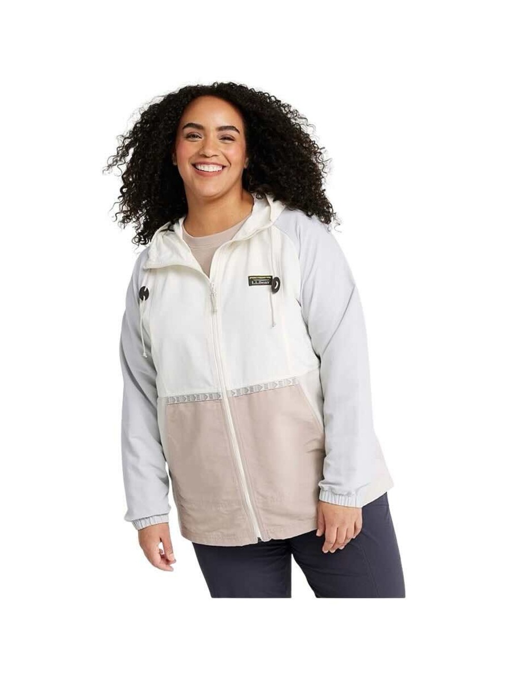 L. L. Bean Lightweight Colorblock Hooded Jacket in White and Taupe Size 1X New